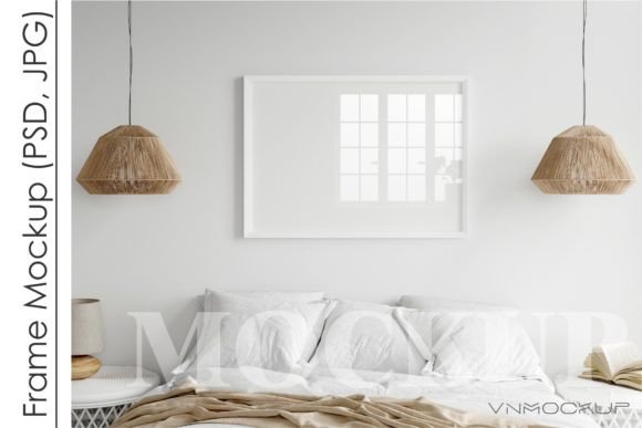 Download Horizontal Frame Mockup in Boho Bedroom - Mockup Collection
